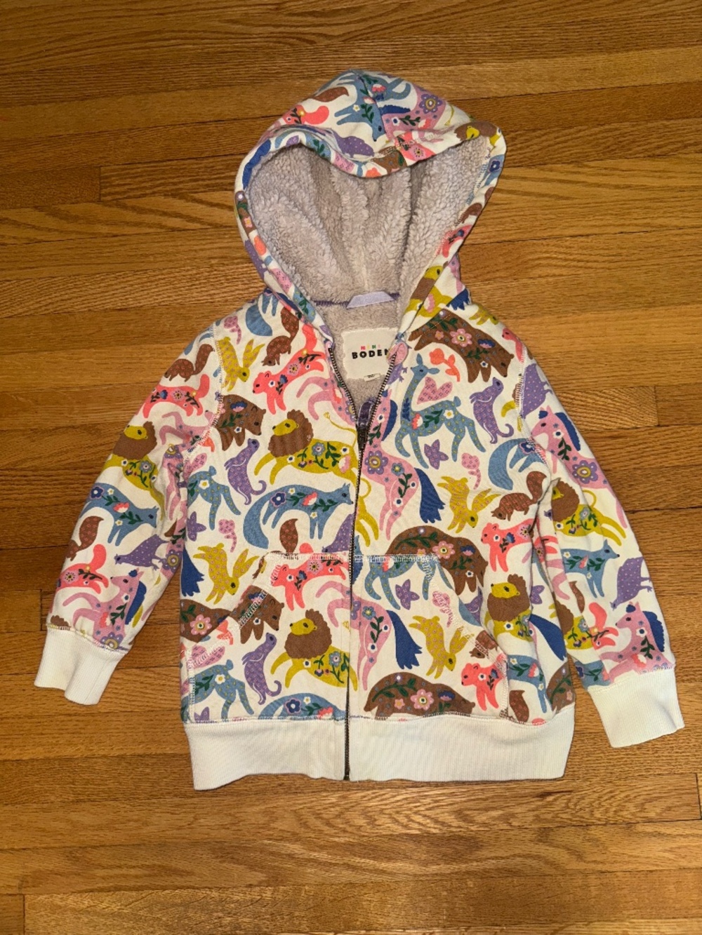 Mini Boden- Zip up animal print sweatshirt- size 5-6